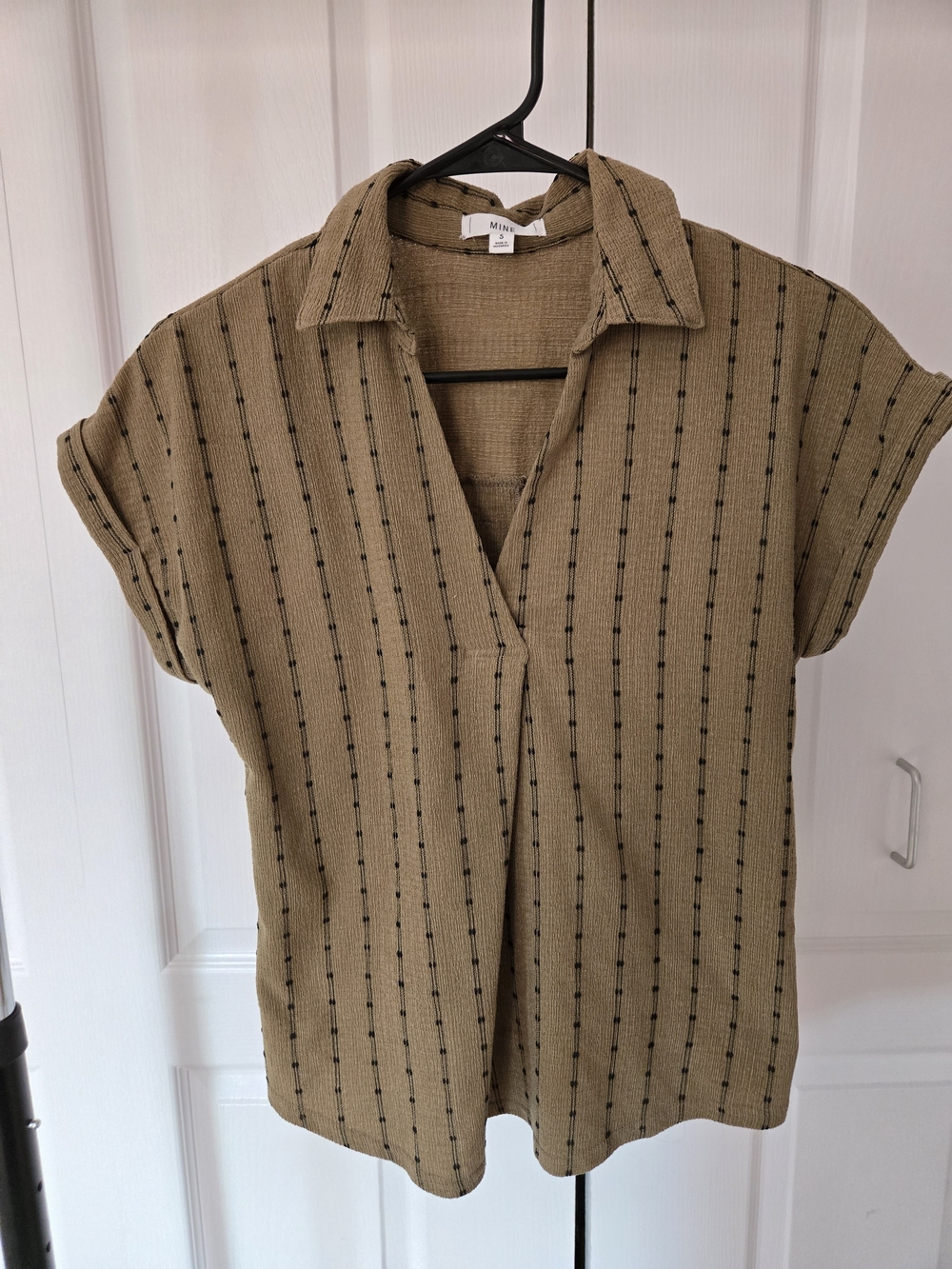 Olive Green Short-Sleeve Button-Down Shirt with Black Pinstripes